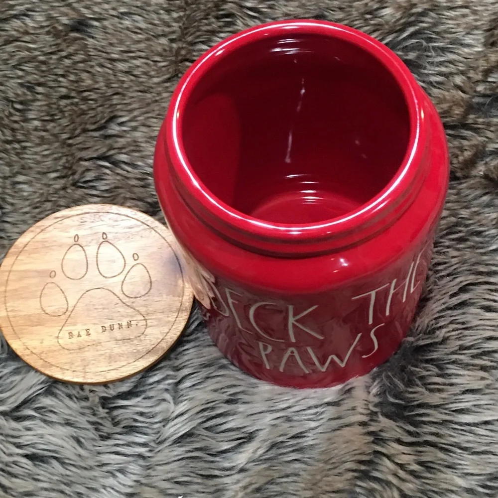 Rae Dunn red DECK THE PAWS canister wood lid Large NWT